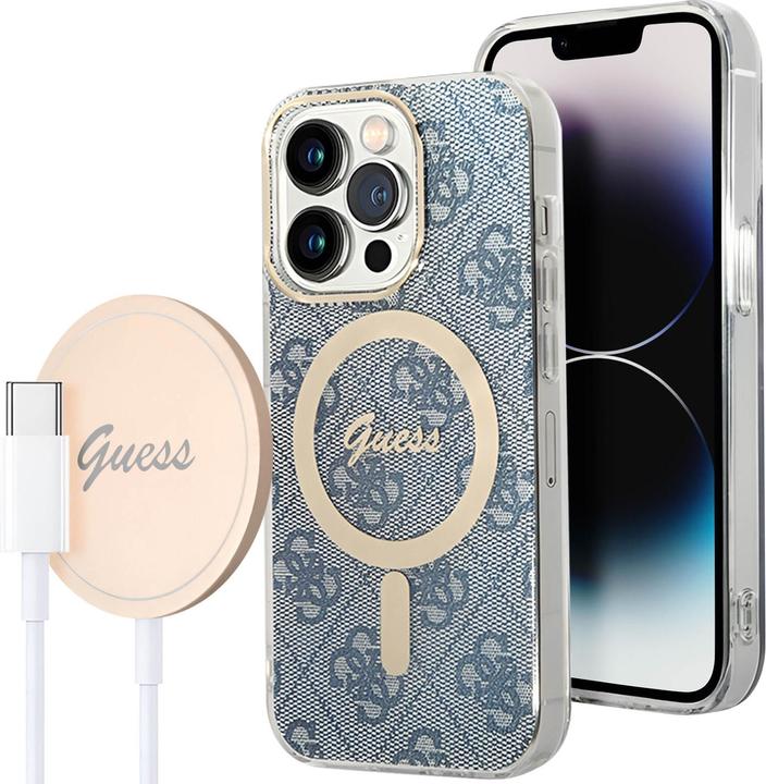 Produktbild Guess Zestaw GUBPP14LH4EACSB Case+ Charger iPhone 14 Pro 6,1" niebieski/blue hard case 4G Print MagS (Apple iPhone 14 Pro)