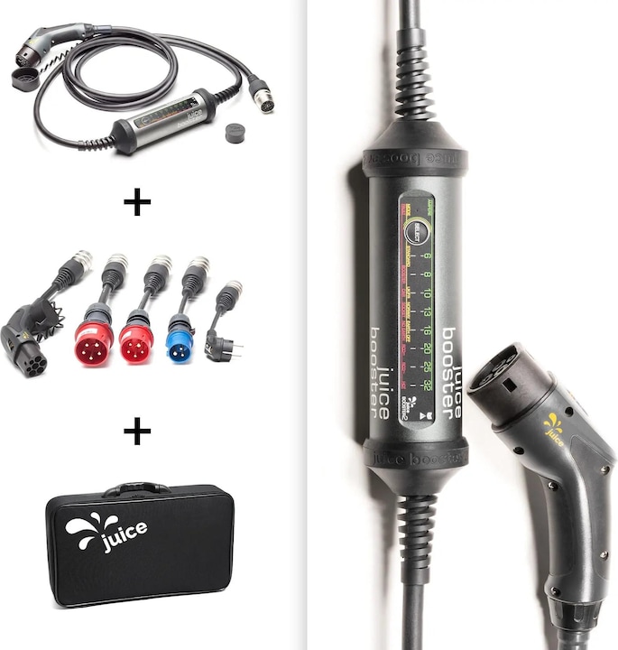 CEE16, JUICE BOOSTER 2 incl. 4 adapters: CEE32, Type 2 and CEE 7/7 (Schuko), Carrying bag, Adapter CEE16 / 400V, Adapter type 2, Adapter Schuko (EU), Adapter CEE32 / 400V, Adapter CEE16 / 230V, JUICE BOOSTER 2