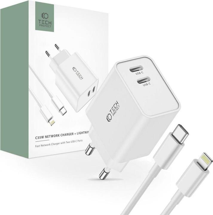 Produktbild Tech-Protect C35W 2x USB-C PD 35W network charger with USB-C / Lightning cable - white (35 W, 2 Ports)