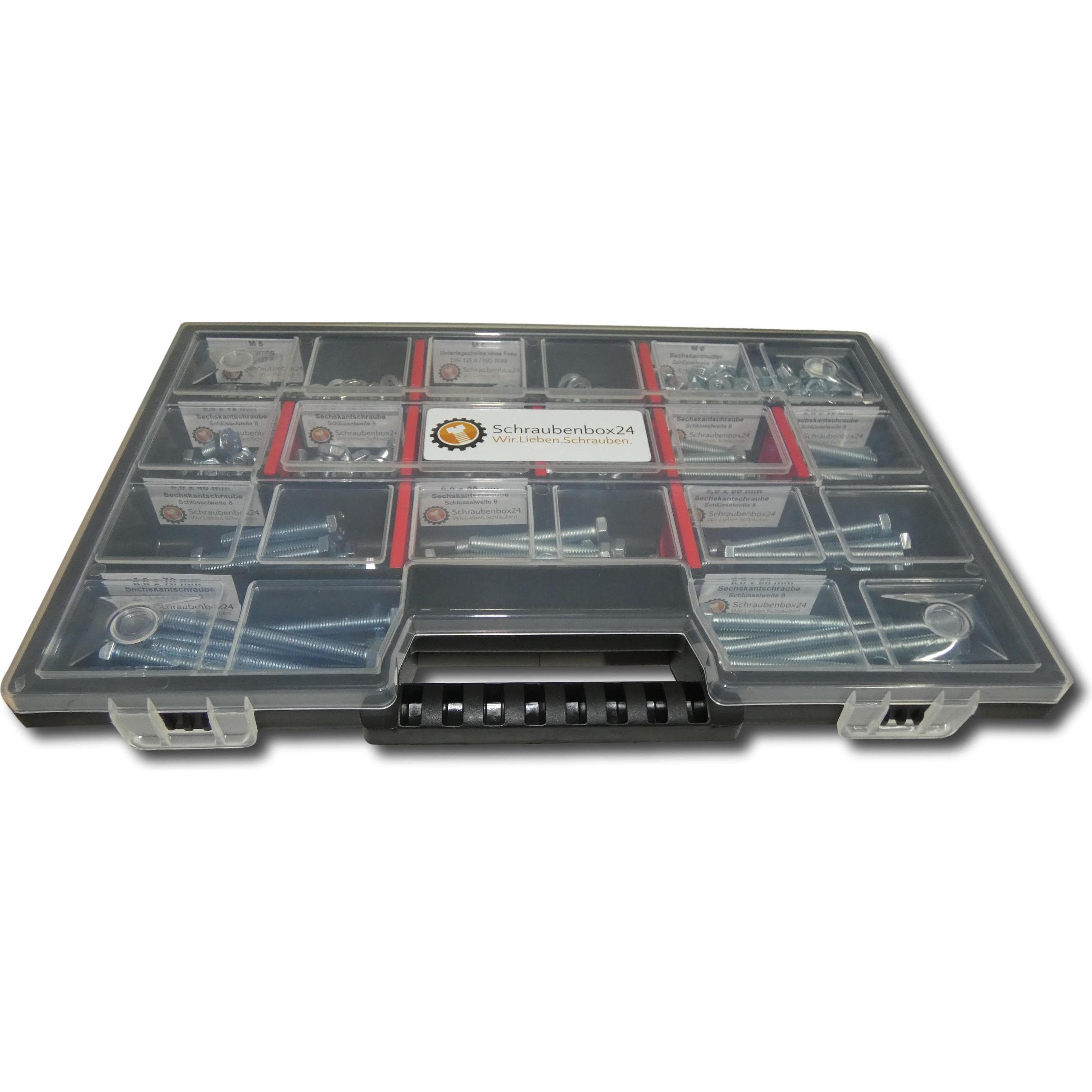 Schraubenbox24, Schrauben, 480 tlg Sechskantschrauben Sortiment mit Muttern Unterlegscheiben Federringen M6 // 12mm-80mm...