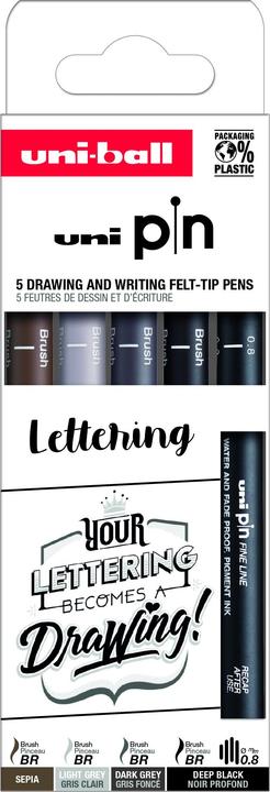 Actual product image Uni-ball Fineliner Uni Pin Lettering/Età5 (Black, Dark grey, Grey, Light grey, Sepia, 5 x)