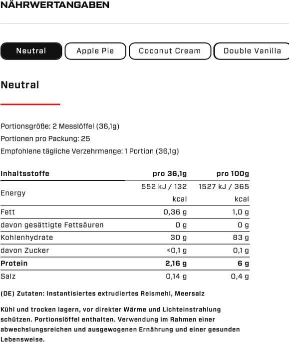 Nährwerte und Zutaten Vast Instant Rice Pudding (900G Dose) (Geschmacksneutral, 1 Stk., 900 g)