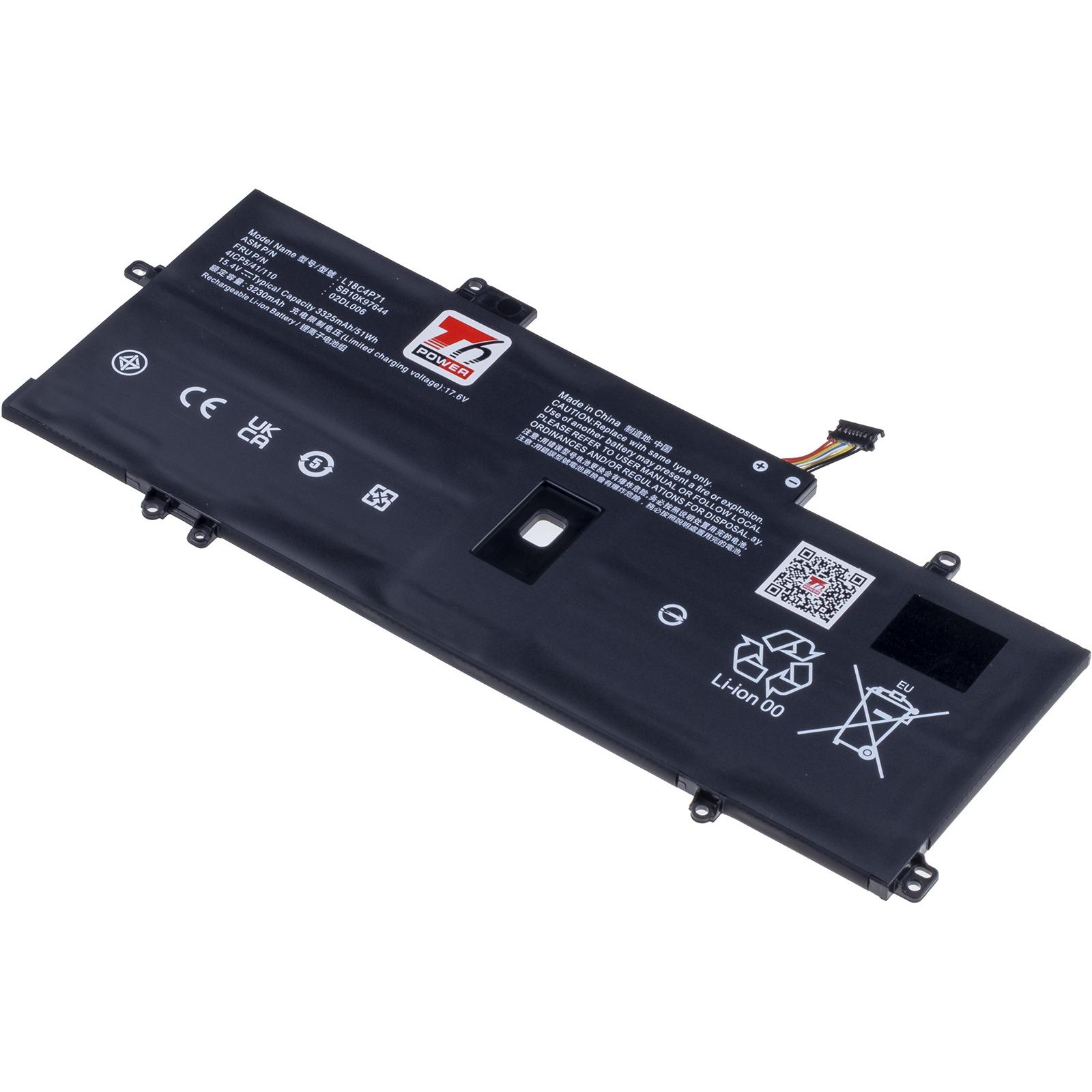 T6 Power Batteria Lenovo ThinkPad X1 Carbon 7°, 8°, X1 Yoga 4°, 5°, 3325mAh, 51Wh, 4 celle, Li-Pol (4 cubicoli, 3325 mAh), Batteria per notebook, Nero