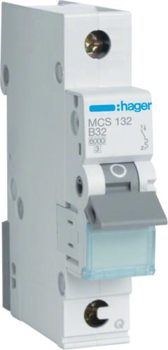 Produktbild Hager MCS132. Nennstrom: 32 A. Typ: C-type, Module Menge (max): 1 Modul(e). Breite: 17,5 mm, Tiefe: 70 mm
