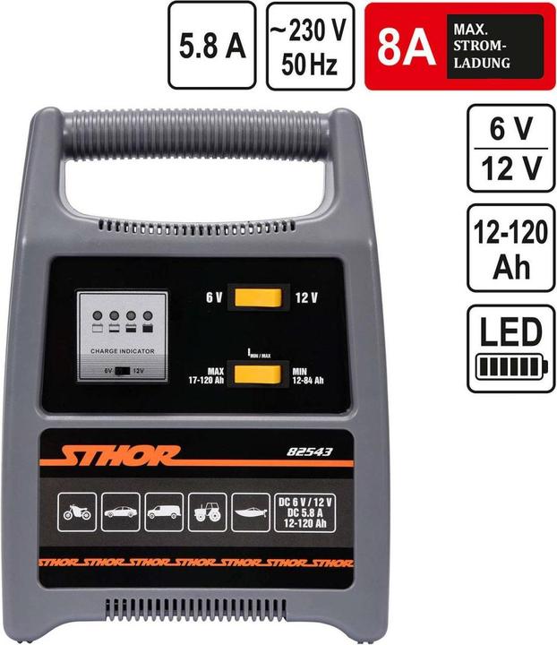 Produktbild Sthor 6V/12V Batterieladegerät Automatik Batterielader 8A 120Ah (12V, 8 A)