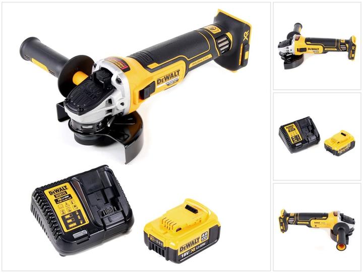 1x DeWalt DCG 405 N 18 V Li-Ion cordless angle grinder brushless 125 mm, 1x additional handle, 1x quick-release nut, 1x protective cover, 1x DeWalt DCB 182 18 V 4.0 Ah Li-Ion battery, 1x DeWalt charger for Li-Ion batteries DCB 115