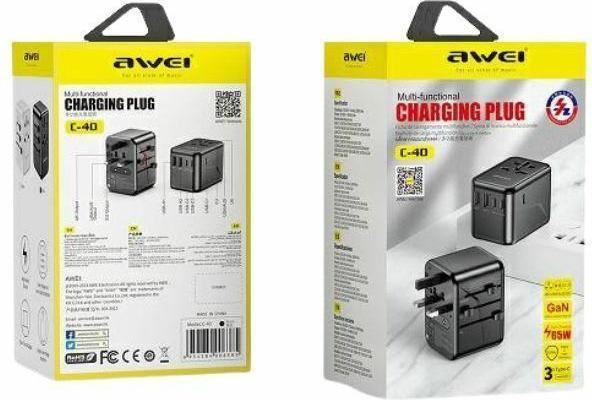 Actual product image Awei Ład. siec. 2xUSB+3xUSB-C C-40 65W adapter 4w1 US/AU/EU/UK czarny/black Univesal Travel GaN Char (65 W, 5 ports)