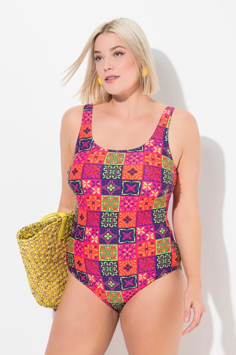 Image du produit Ulla Popken Maillot de bain sans bonnets souples, décolleté rond et motif « carreaux de faïence » (58)