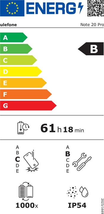 Energie-Label Ulefone Smartphone NOTE 20 PRO 4 GB RAM 128 GB Black (128 GB, Black, 6.75", Dual SIM, 4G)