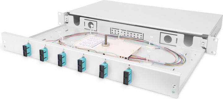 Produktbild Digitus Ausziehbare Glasfaser - Spleissbox 1U Equipped 6x SC duplex inkl. M 25 Schraube Spleisskassette F...