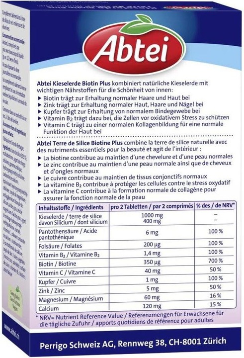 Nährwerte und Zutaten Abtei Kieselerde Biotin Plus (neu) Tabl (56 Stück, Tabletten, 500 g)