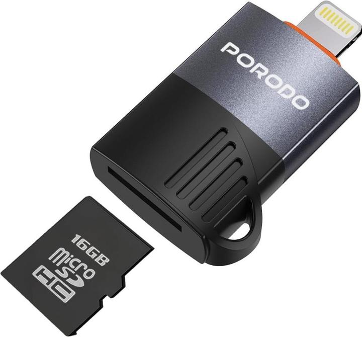 Produktbild Porodo Lightning OTG TF Kartenleser - Schwarz (Lightning, USB 2.0)