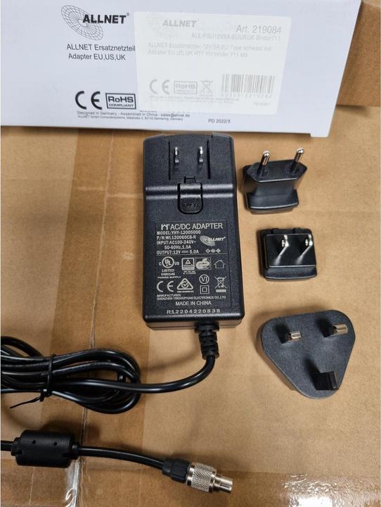 Immagine prodotto Allnet Alimentatore di ricambio 12V/5A tipo UE nero con adattatore UE, USA, UK HTT con Binder 711 M9