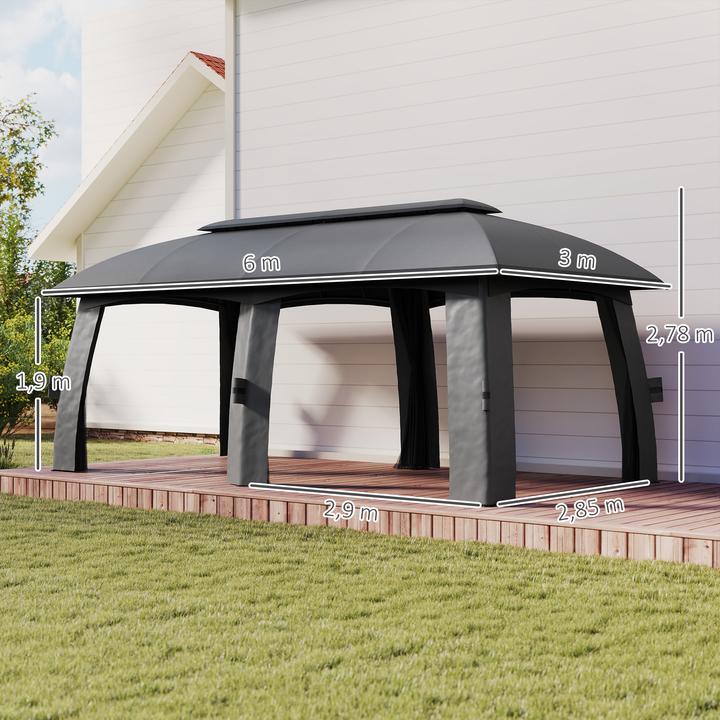 Produktbild Outsunny Pavillon, Partyzelt, mit Fliegennetzen, Winddach, bis 15 Personen, dunkelgrau, 3 x 6 x 3 m (300 cm, 600 cm)