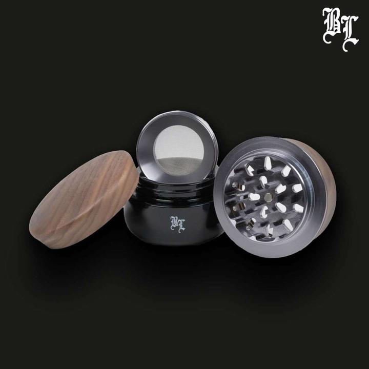Actual product image Black Leaf Alu Grinder 4 Parts Wood and Violet Glass