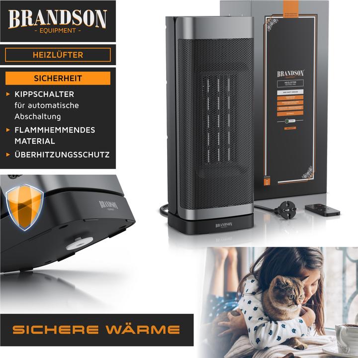 Actual product image Brandson Keramik Heizlüfter 2000W, 70° Oszillation, Kippschutz, Temperatureinstellung 10-35°C, schwarz/silber (2000 W)