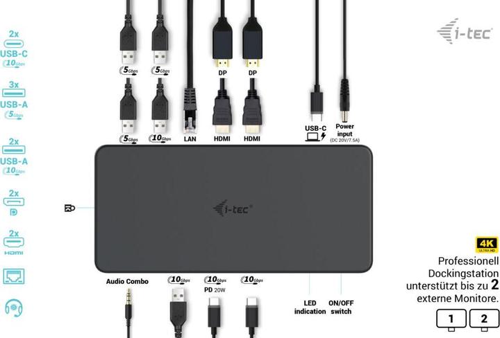 Immagine prodotto i-tec USB 3.0/USB-C/TB 3 PRO DUAL 4K (USB-C, 9 porte)