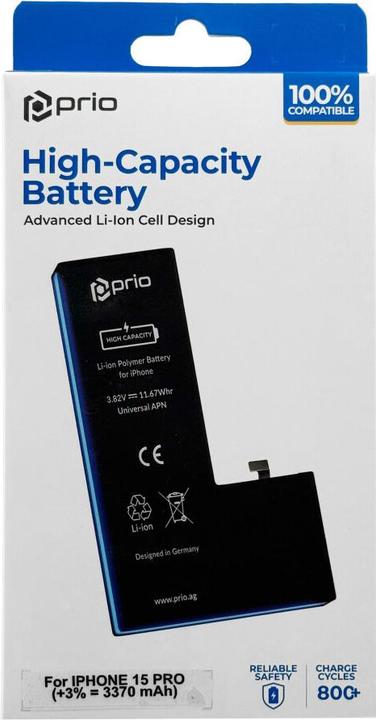 Actual product image prio Hochleistungsakku für iPhone 15 Pro (3370 mAh) - Universeller APN -