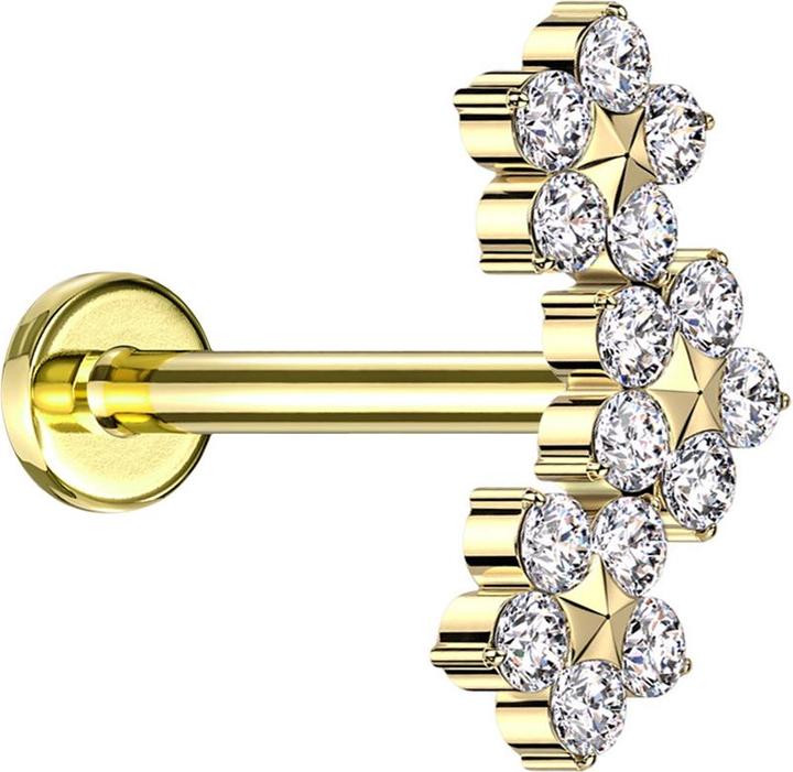Produktbild Star Piercing Micro Labret Innengewinde vergoldet drei Blumen mit Stern Kristalle silber (ohne Messing, Titan)