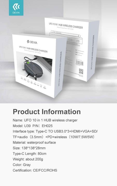 Image du produit Devia UFO 10in1 HUB chargeur sans fil gris (10 W)