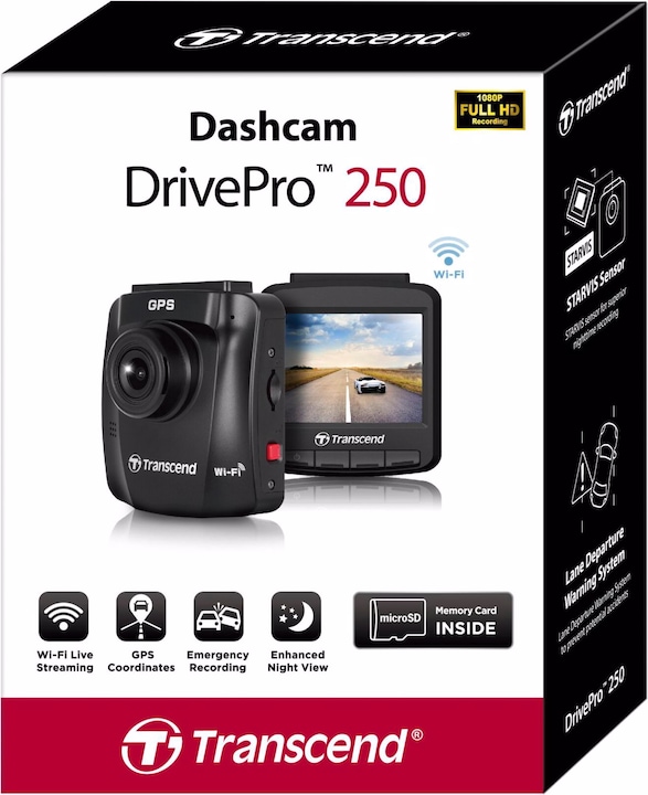 Actual product image Transcend DrivePro 250 incl. 32GB microSDHC TLC (Wi-Fi, Built-in display, Bluetooth, Rechargeable battery, GPS receiver, Full HD)