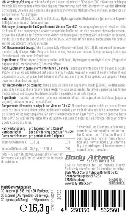 Nutritional values and ingredients Body Attack Vitamin D3 + K2 (30 Piece, Capsules, 16.30 g)