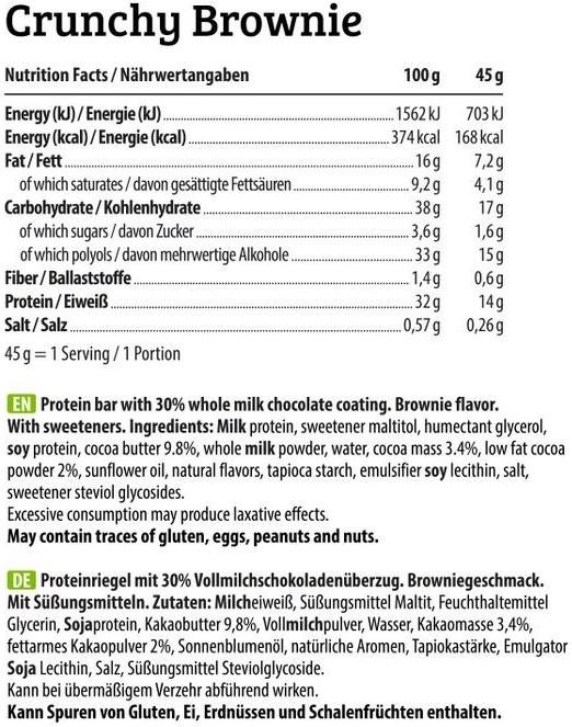 Nutritional values and ingredients HEJ Nutrition HEJ Crispy Protein Bar (12 x 45g) (Crunchy brownie, 1 pcs., 540 g)