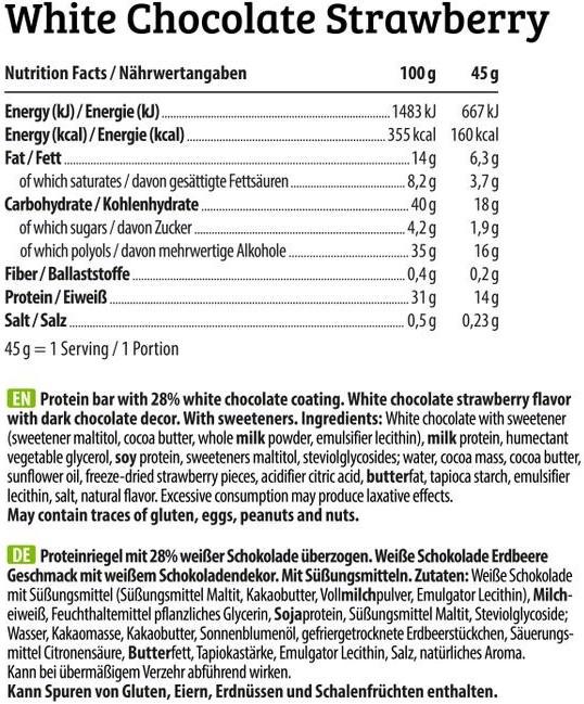 Nutritional values and ingredients HEJ Nutrition HEJ Crispy Protein Bar (12 x 45g) (White chocolate, Strawberry, 1 pcs., 540 g)