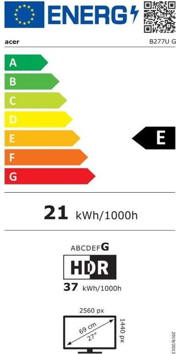 Energie-Label Acer 27" B277UG - IPS, QHD, 120 Hz, HDMI, DP, USB (2560 x 1440 Pixel, 27")