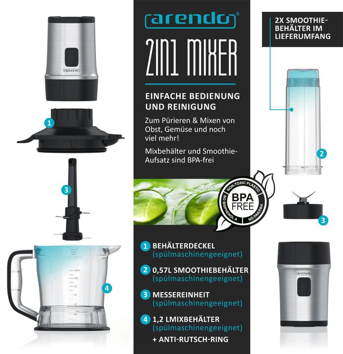 Immagine prodotto Arendo Impastatrice 700 W, frullatore e tritatutto in acciaio inox 1,2L 2IN1 incl. 2x vasi per frullatore (1200 ml, 700 W)
