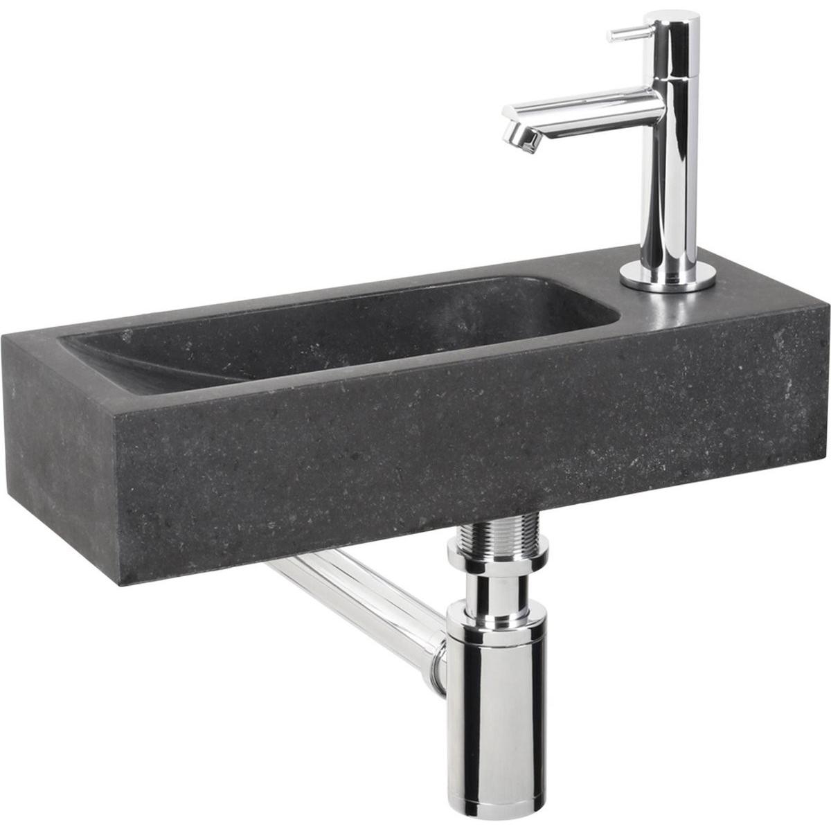 Differnz, Lavandino, Luxor Fonteinset - Wasbak Natuursteen - Zwart - Gebogen Kraan - Chroom - Standaard Greep - 38 x 14 x (380 mm)