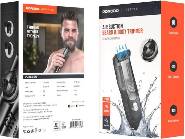 Produktbild Porodo Lifetsyle Waterproof Dual Rechargeable Vacuum Trimmer 1400mAh - Grey and Blac
