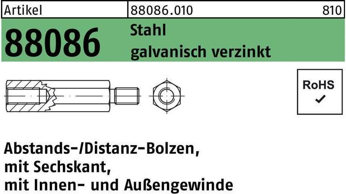Produktbild Reyher Sechskantabstandsbolzen R 88086 M 6 x 80/ 12 Innen/Aussengew. Stahl gal Zn (100 Schrauben pro Stück)