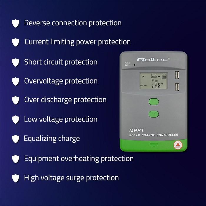 Actual product image Qoltec Solar MPPT charge controller with temperature sensor 20A |12V/24V | LCD display | 2 x USB