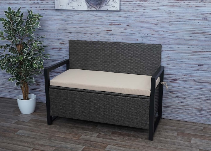 Image du produit Swisshandel24 Poly-Rattan Banc 2 places, Banc de jardin coffre, rangement Coussin d'assise - gris, coussin à