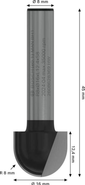 Produktbild Bosch Professional Zubehör Hohlkehlfräser, 8 mm, R1 8 mm, D 16 mm, L 12,4 mm, G 45 mm