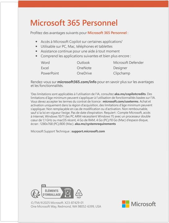 Immagine prodotto Microsoft 365 Personal (francese) (1 Utente, 12 mesi)