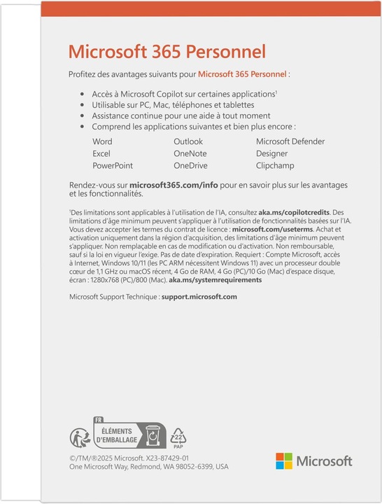 Immagine prodotto Microsoft 365 Personal (francese) (1 Dispositivi, 12 mesi)