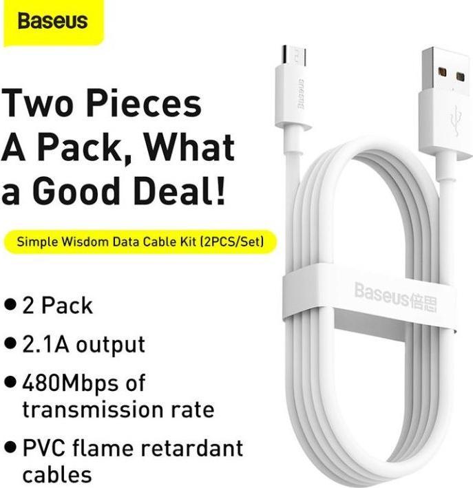 Produktbild Baseus Simple Wisdom Data Cable Kit USB to Micro 2.1A (2PCS/Set) 1.5m White (1.50 m)