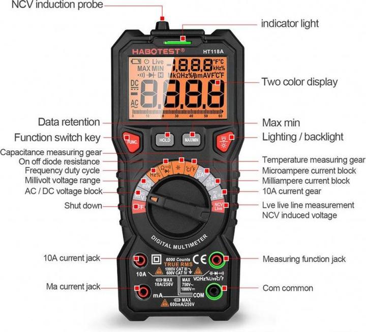 Produktbild Habotest Digital Multimeter with Flashlight HT118A, True RMS, NCV