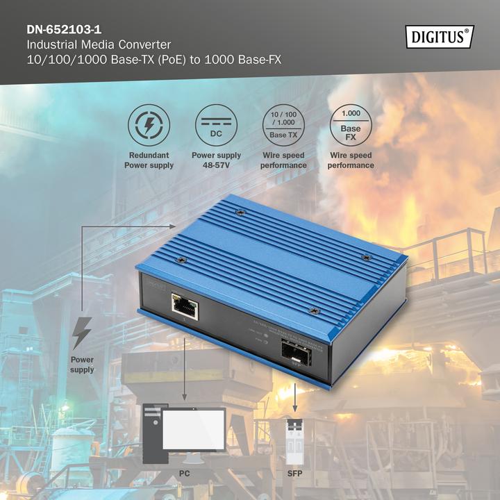 Actual product image Digitus 10/100/1000 Base-TX to 1000 Base-FX Industrial Media Converter (2 ports)