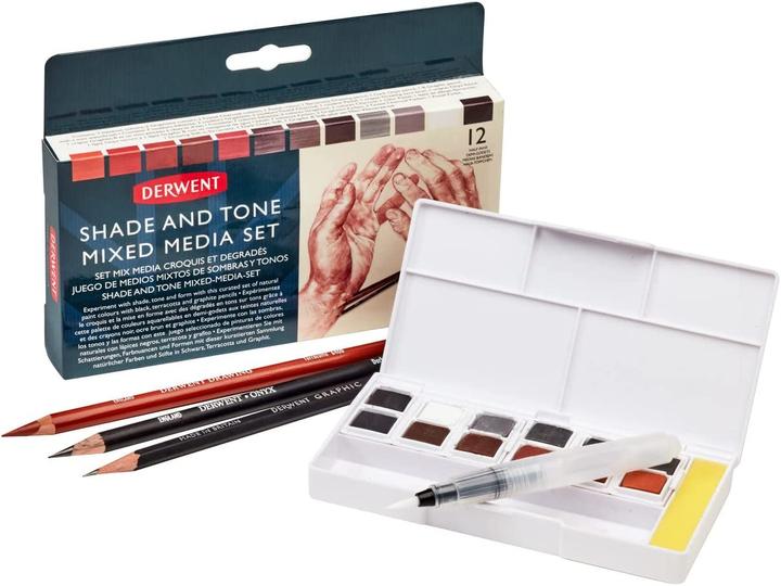 Immagine prodotto Derwent Ombra e tonalità in un mediaset misto (Nero, Bianco, Storm Grey, Grigio grafite, Braci bruciate, Seppia, Rosso veneziano, Sanguigna, Marte Arancione, Inchiostro seppia, Terra bruciata, Autunno Marrone, 16 x)