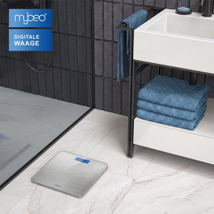 Actual product image Mybeo Personenwaage digital, max.180 kg Belastung, Trittfläche aus 6mm Sicherheitsglas, schmales Design (180 kg)