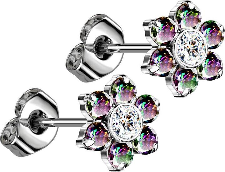 Produktbild Star Piercing Threadless Ohrstecker silber Blume Kristalle dunkel multicolor (ohne Messing, Titan)