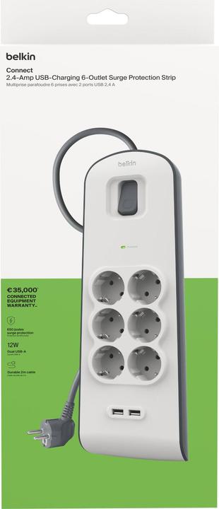 Produktbild Belkin Steckdosenleiste 6-fach + 2xUSB-A, 2m Kabel BSV604vf2M-V2 (6x, Typ 13, USB-A, 2 m)