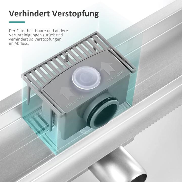Produktbild Emke Duschrinne Edelstahl, Bodenablauf Komplettset Siphon mit Geruchsstop, Haarsieb, 600cm (600 mm)