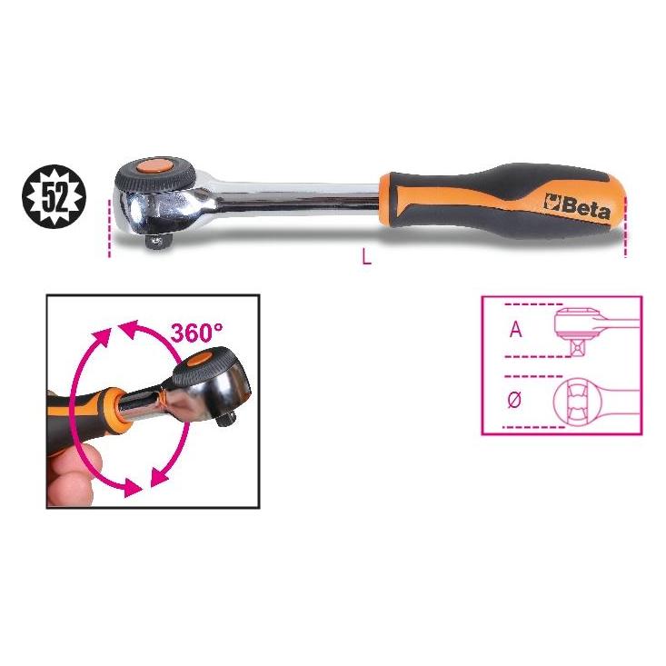 Beta, Ratel, 009100884 3/8"-Umschaltknarre Mit Drehgriff 222 Mm (3/8")