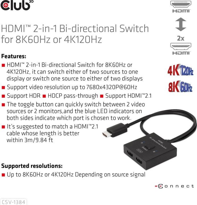 Produktbild Club 3D Club3D HDMI Switch 2-in-1 bidirektional 8K60Hz/4K120Hz UHD retail