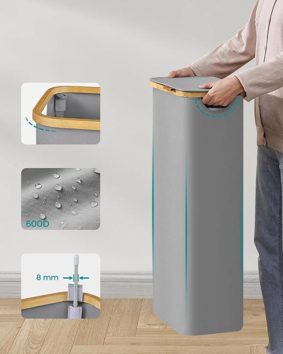 Produktbild Songmics Wäschekorb zusammenklappbar mit Bambusgriffen taubengrau (65 l)