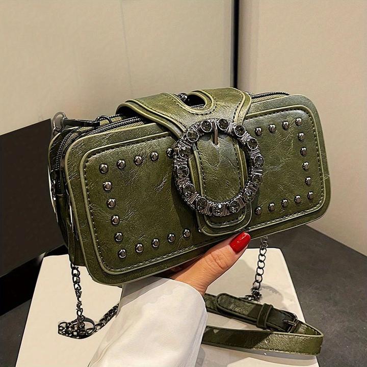 Produktbild Only-Bags.Store Mode Retro-Kupplungstasche Nieten-Motorradtasche Ketten-Umhängetasche Schwarze Handytasche